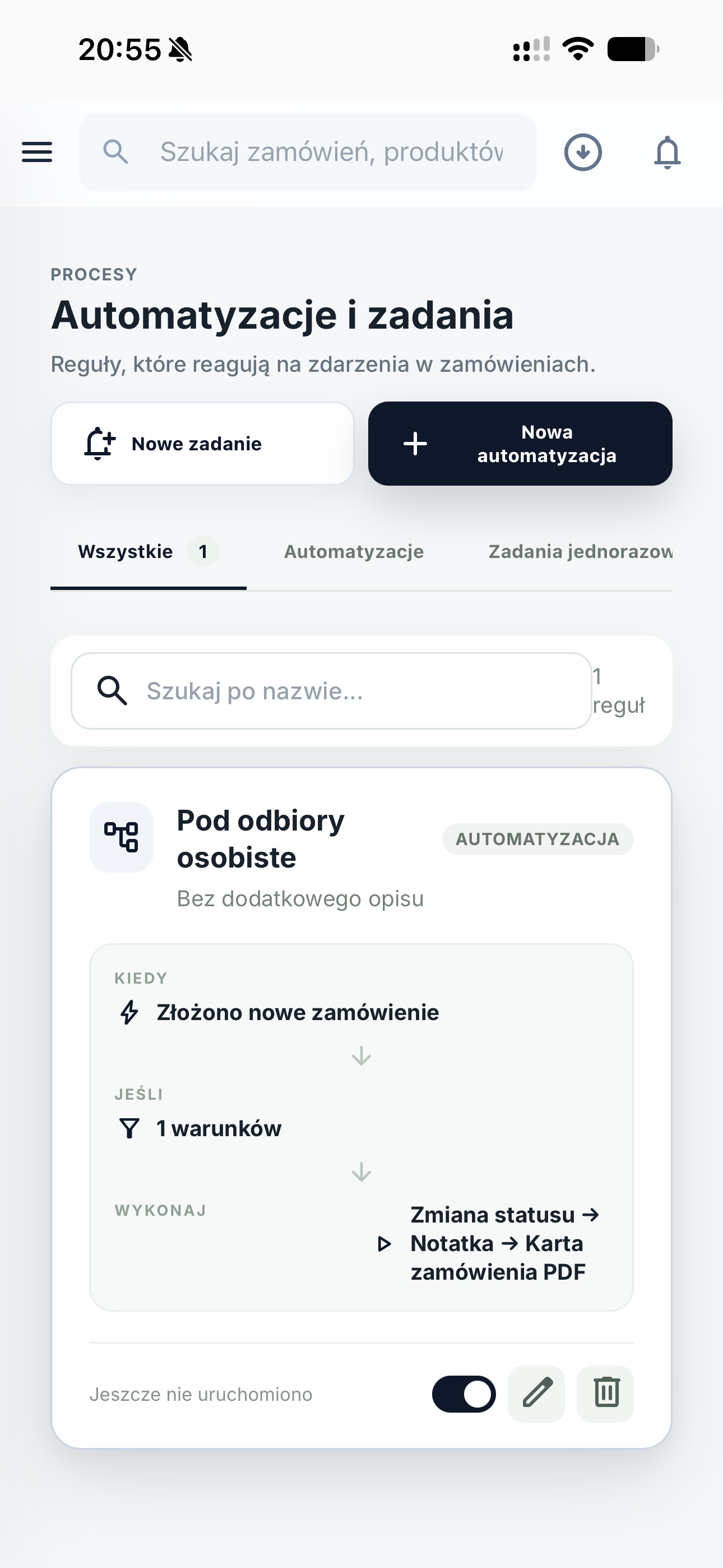 Widok automatyzacji i zadań w aplikacji Plants Manager
